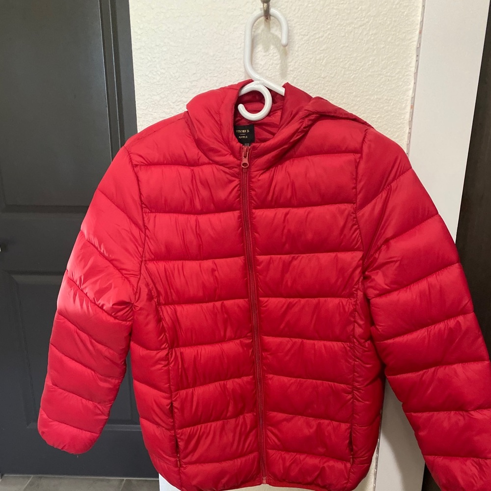 Red puffer jacket